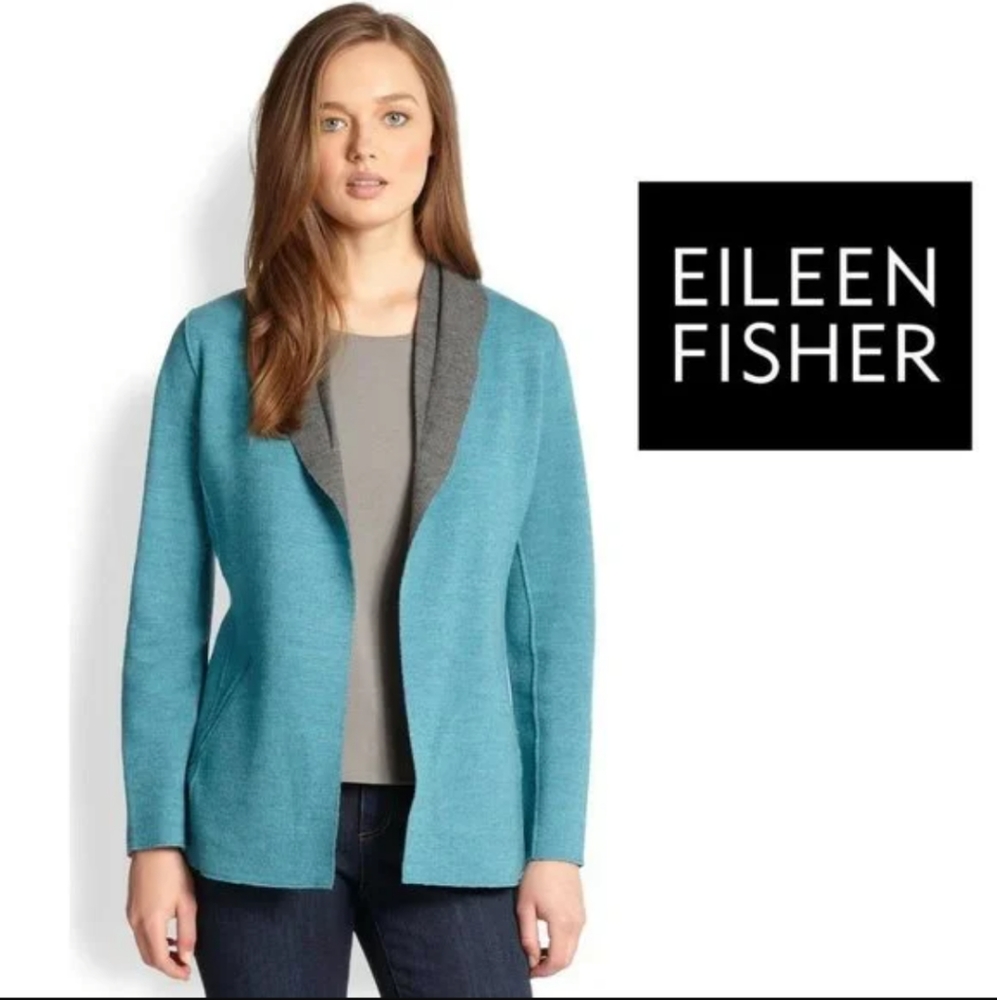 Eileen Fisher Women's Felted Merino Wool Open Front Jacket Blue Gray Size XS EUC